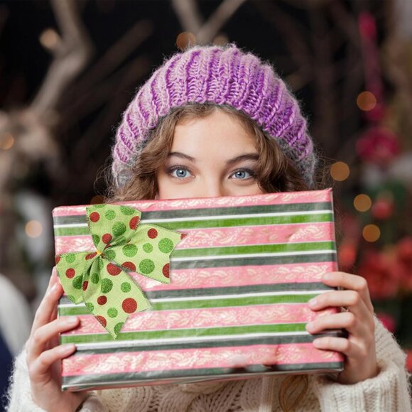 Red, Green Christmas 6 Piece Wreaths Bows Glitter Dot Xmas Ribbon Bow Ornaments - Picture 4 of 8